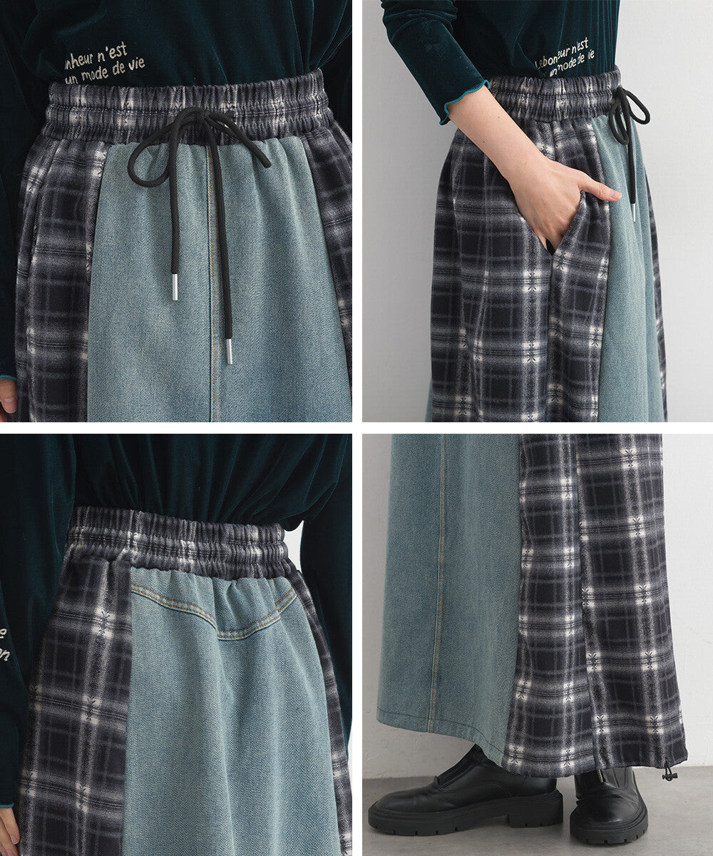 【iriey】牛仔×格紋縱向拼接 A字鬆緊腰長裙 Japan E-Shop