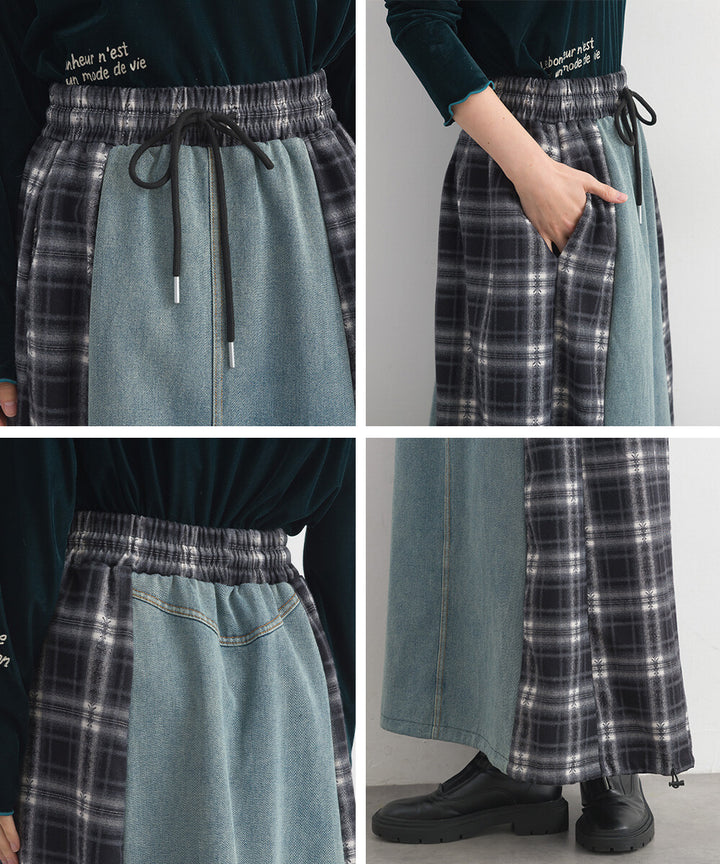 【iriey】牛仔×格紋縱向拼接 A字鬆緊腰長裙 Japan E-Shop