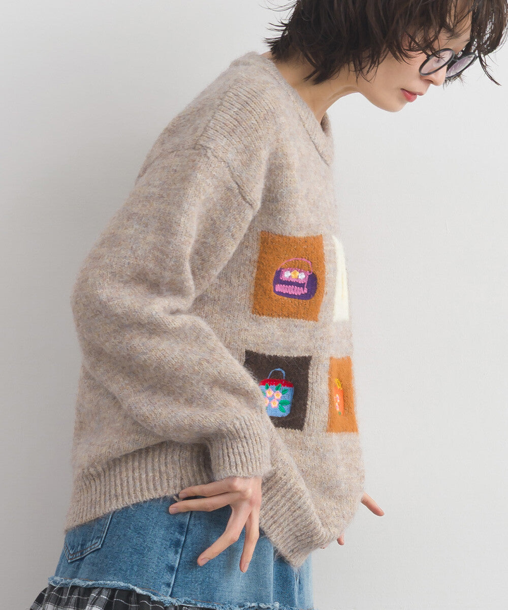 【iriey】提花幾何藝術色塊 寬鬆針織套頭衫 Japan E-Shop