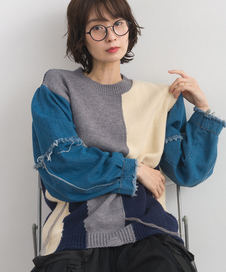 【iriey】牛仔袖拼接撞色 做舊感針織衫 Japan E-Shop