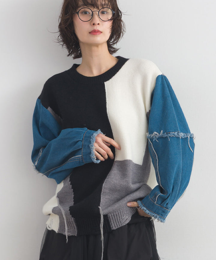 【iriey】牛仔袖拼接撞色 做舊感針織衫 Japan E-Shop