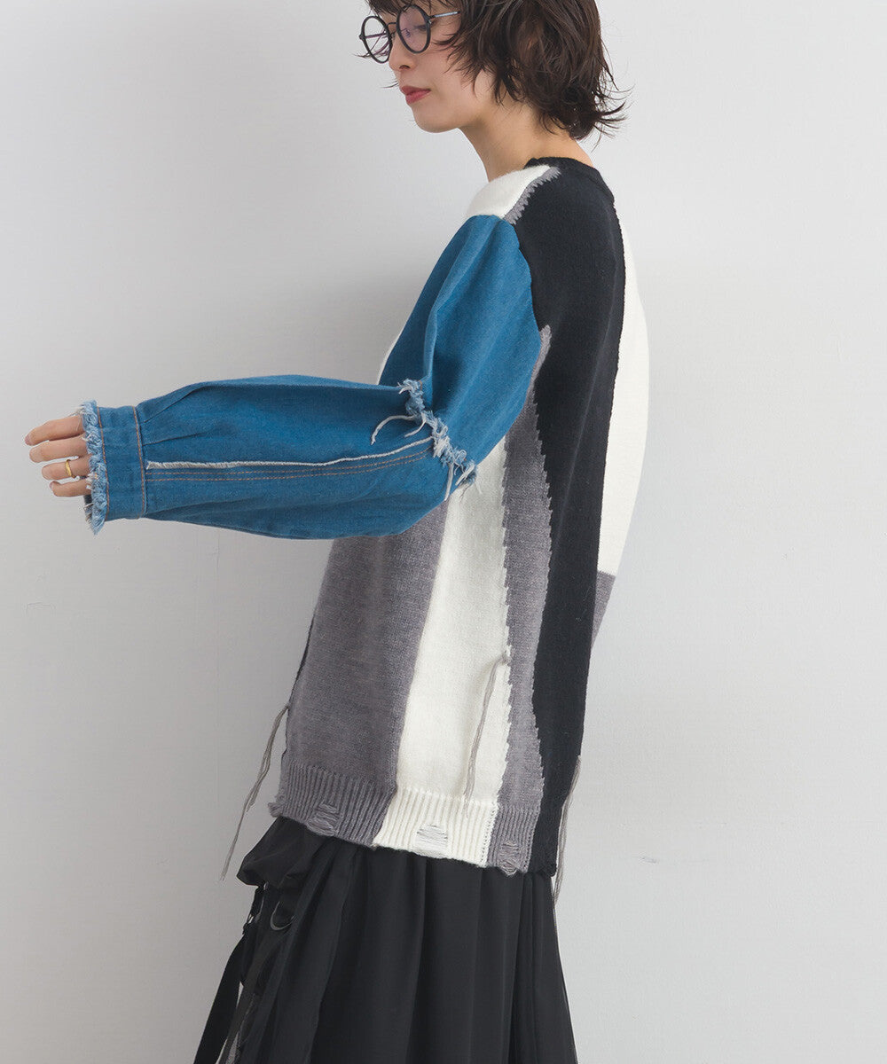 【iriey】牛仔袖拼接撞色 做舊感針織衫 Japan E-Shop