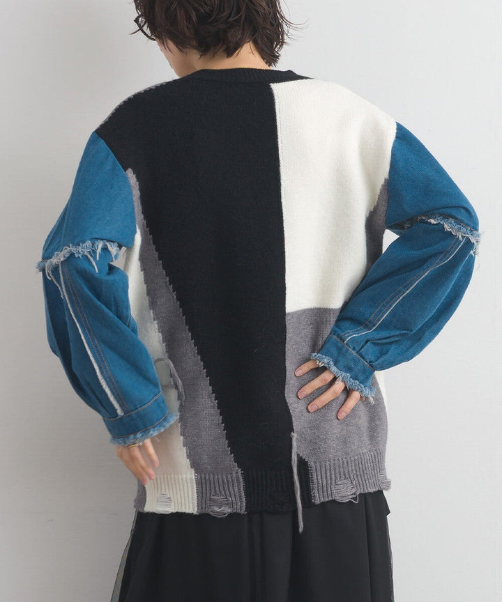 【iriey】牛仔袖拼接撞色 做舊感針織衫 Japan E-Shop