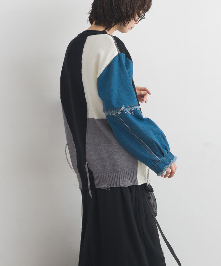 【iriey】牛仔袖拼接撞色 做舊感針織衫 Japan E-Shop