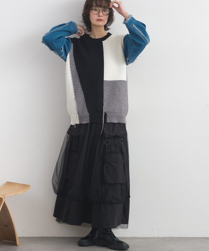 【iriey】牛仔袖拼接撞色 做舊感針織衫 Japan E-Shop