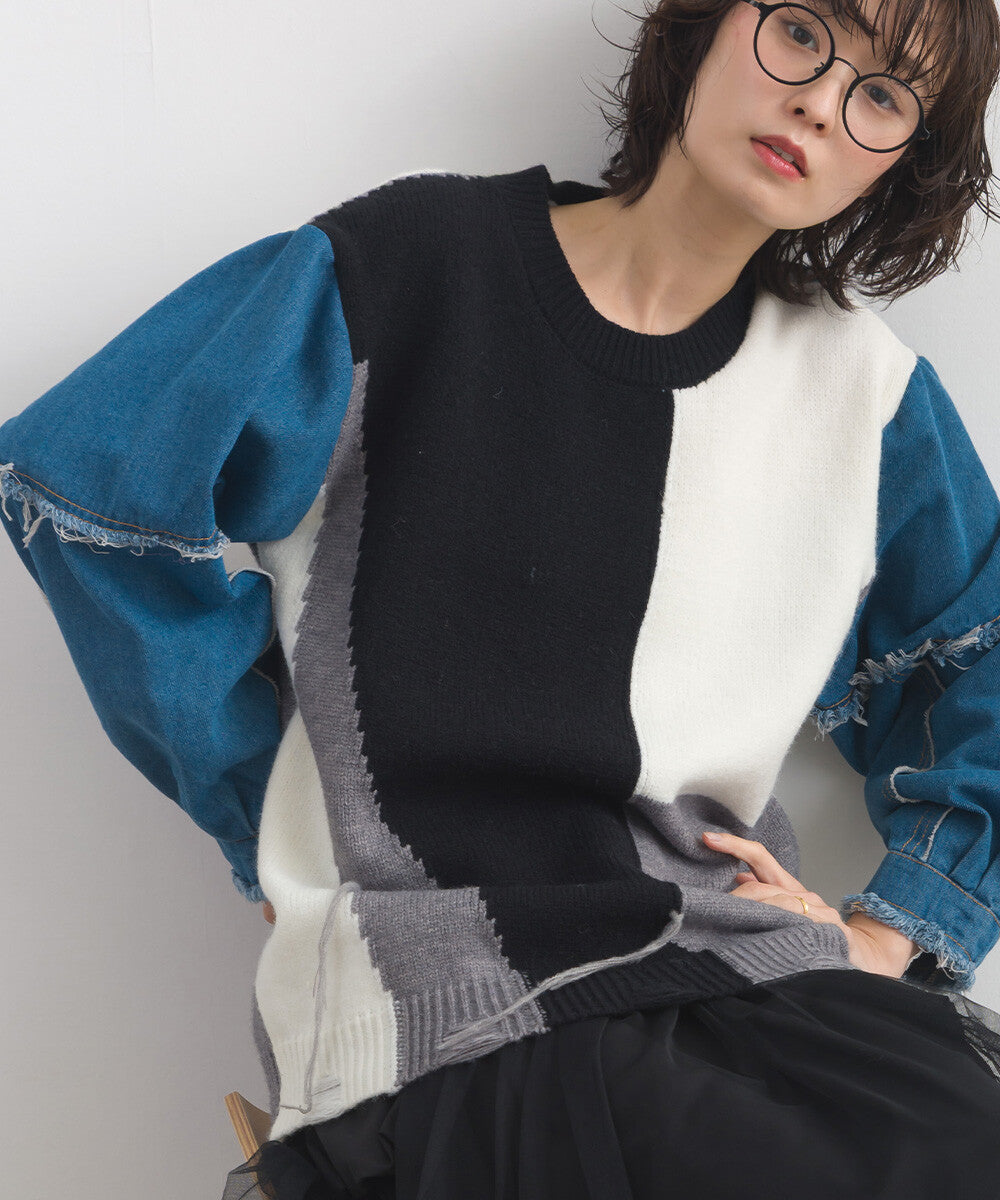 【iriey】牛仔袖拼接撞色 做舊感針織衫 Japan E-Shop