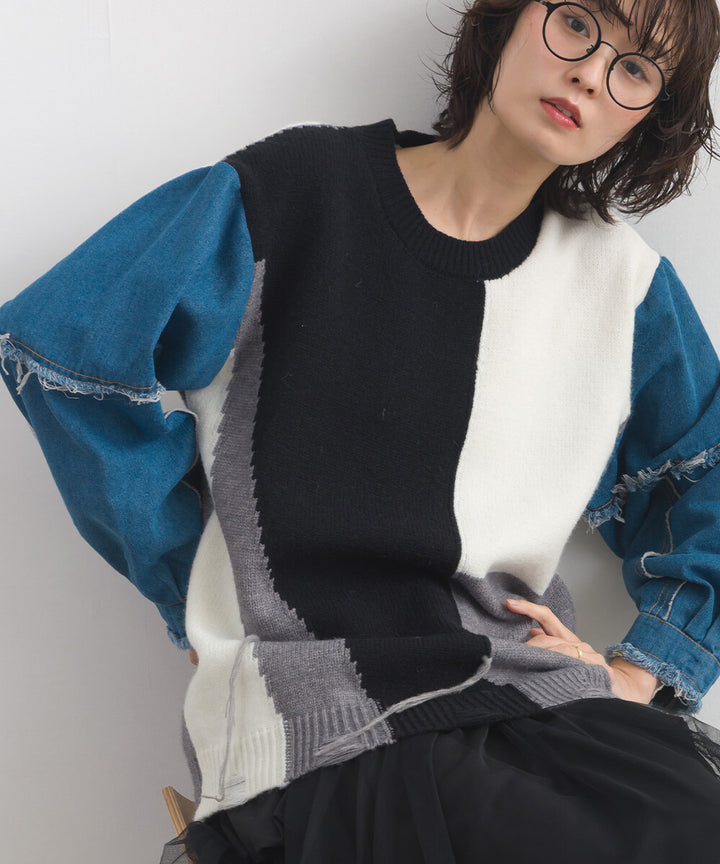 【iriey】牛仔袖拼接撞色 做舊感針織衫 Japan E-Shop