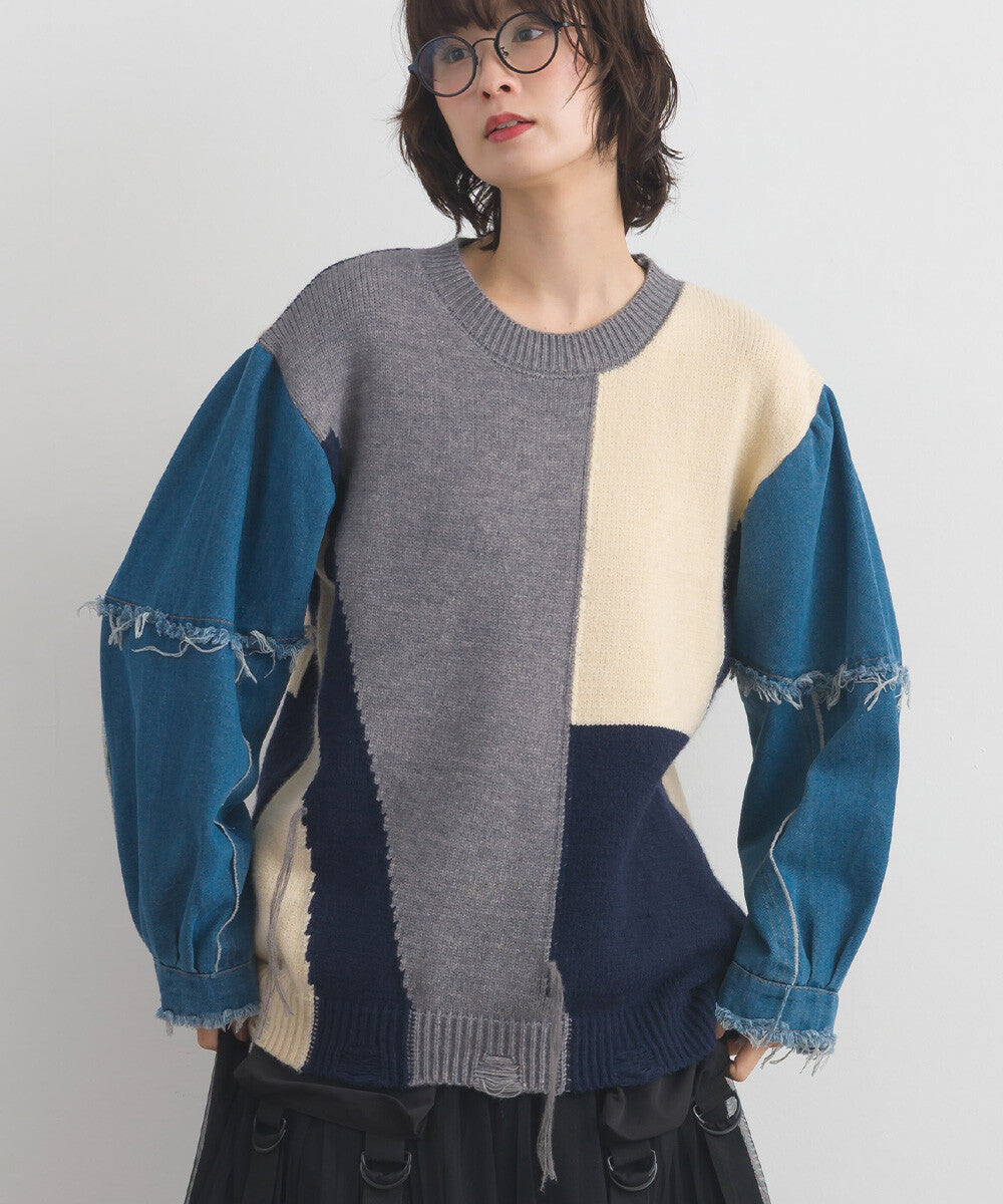 【iriey】牛仔袖拼接撞色 做舊感針織衫 Japan E-Shop
