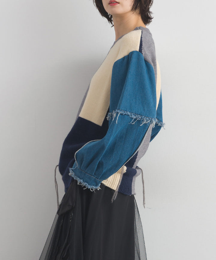 【iriey】牛仔袖拼接撞色 做舊感針織衫 Japan E-Shop