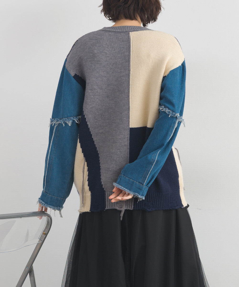 【iriey】牛仔袖拼接撞色 做舊感針織衫 Japan E-Shop