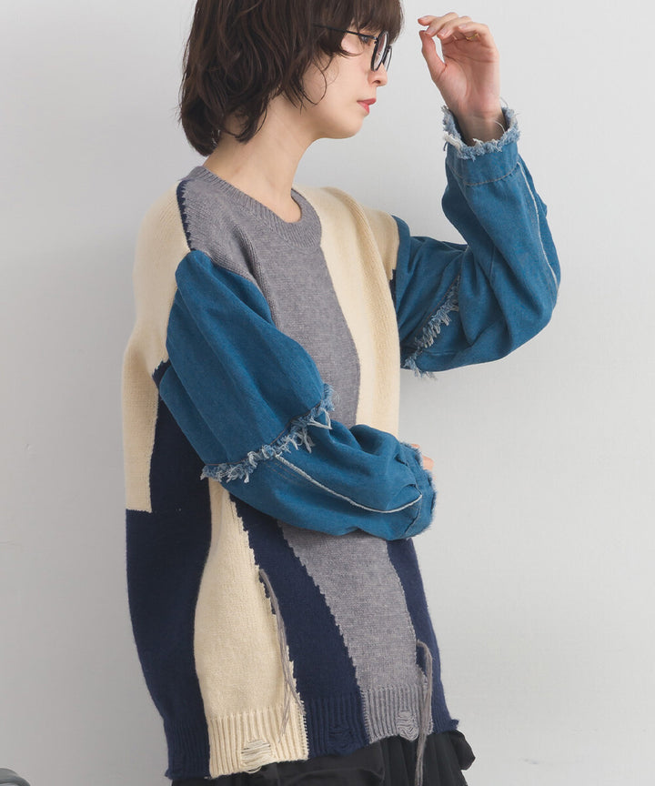 【iriey】牛仔袖拼接撞色 做舊感針織衫 Japan E-Shop