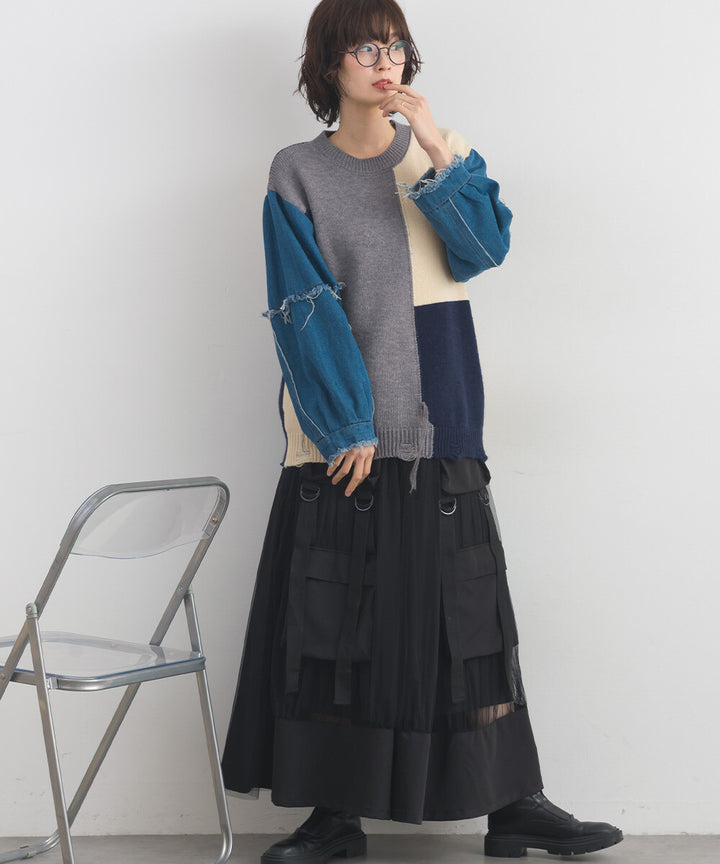 【iriey】牛仔袖拼接撞色 做舊感針織衫 Japan E-Shop