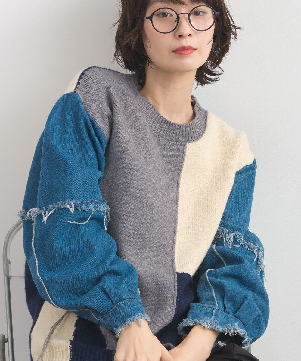 【iriey】牛仔袖拼接撞色 做舊感針織衫 Japan E-Shop