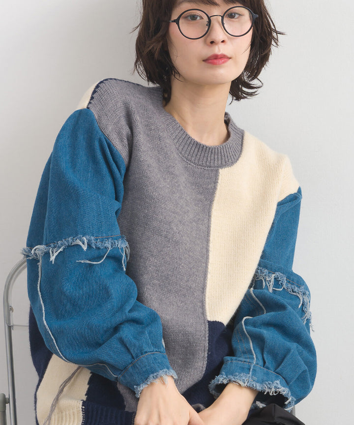 【iriey】牛仔袖拼接撞色 做舊感針織衫 Japan E-Shop