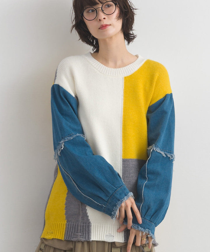【iriey】牛仔袖拼接撞色 做舊感針織衫 Japan E-Shop