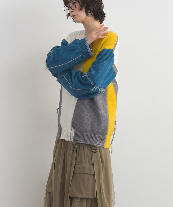 【iriey】牛仔袖拼接撞色 做舊感針織衫 Japan E-Shop