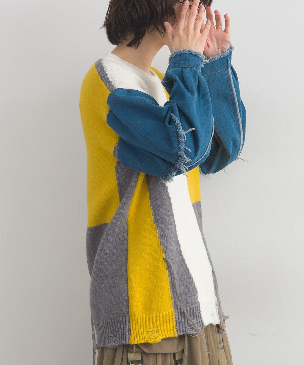 【iriey】牛仔袖拼接撞色 做舊感針織衫 Japan E-Shop