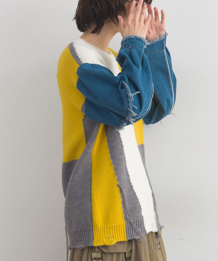 【iriey】牛仔袖拼接撞色 做舊感針織衫 Japan E-Shop