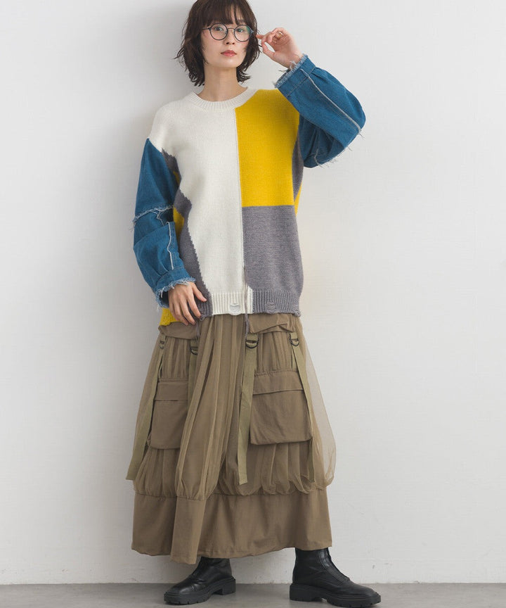 【iriey】牛仔袖拼接撞色 做舊感針織衫 Japan E-Shop