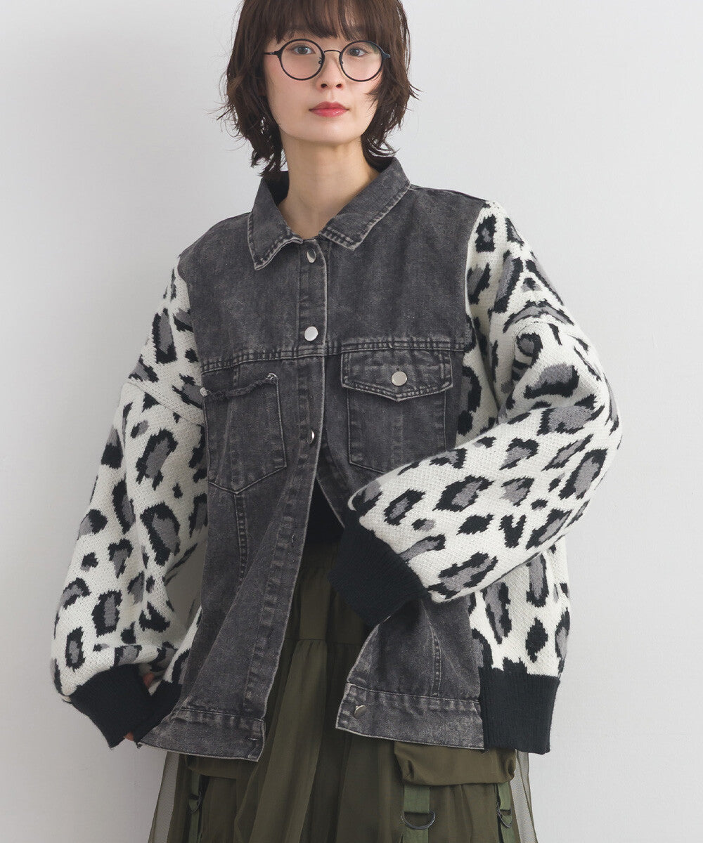 【iriey】豹紋提花針織×牛仔 長版外套 Japan E-Shop