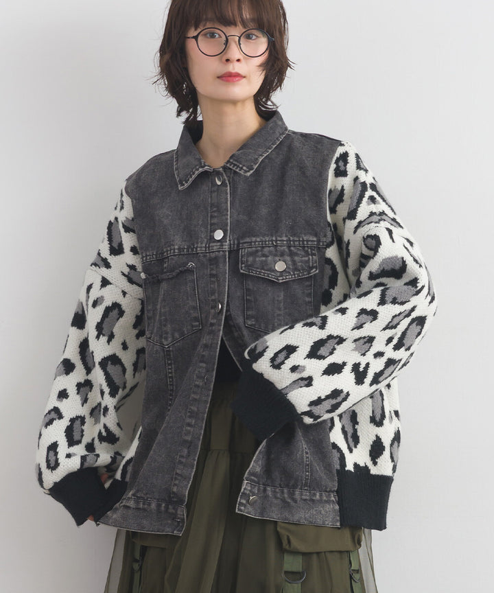 【iriey】豹紋提花針織×牛仔 長版外套 Japan E-Shop
