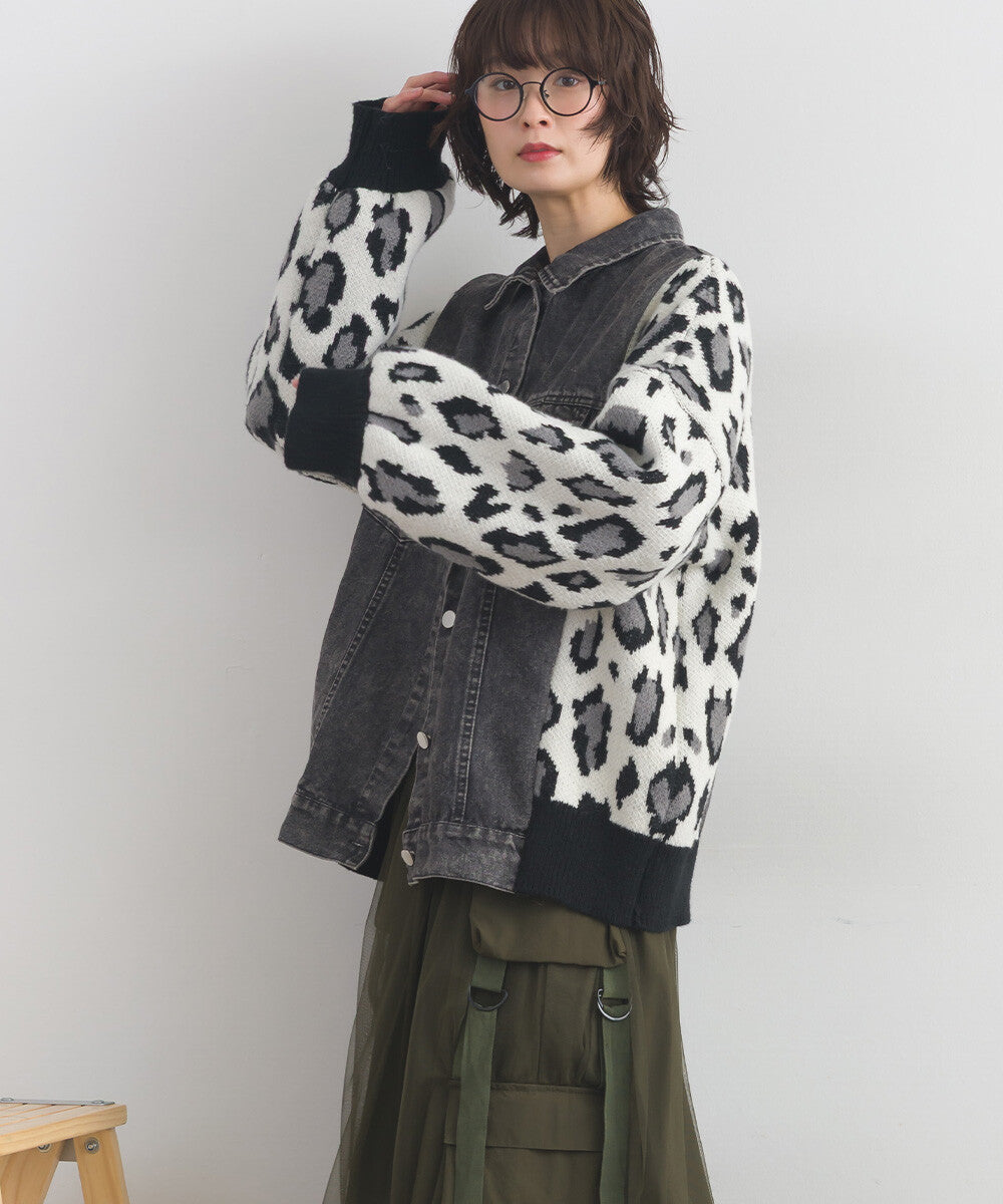 【iriey】豹紋提花針織×牛仔 長版外套 Japan E-Shop