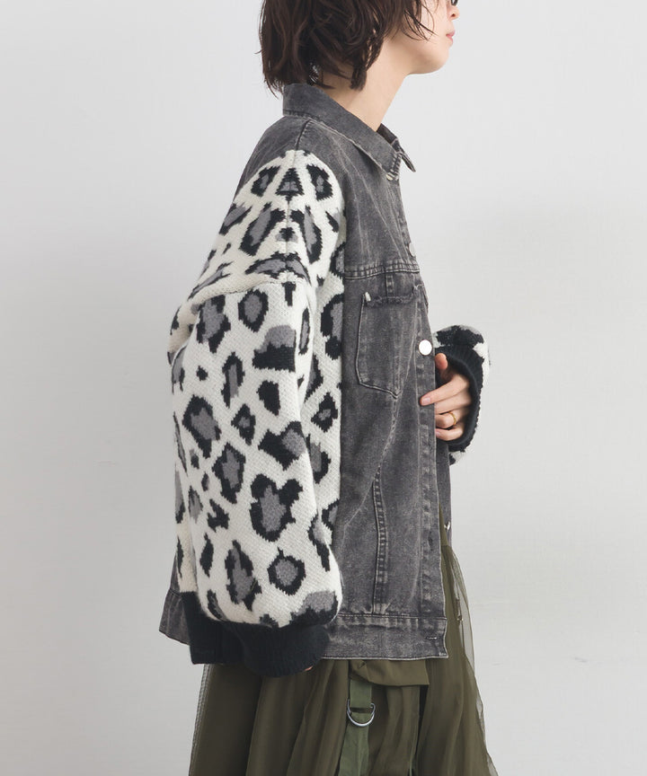【iriey】豹紋提花針織×牛仔 長版外套 Japan E-Shop