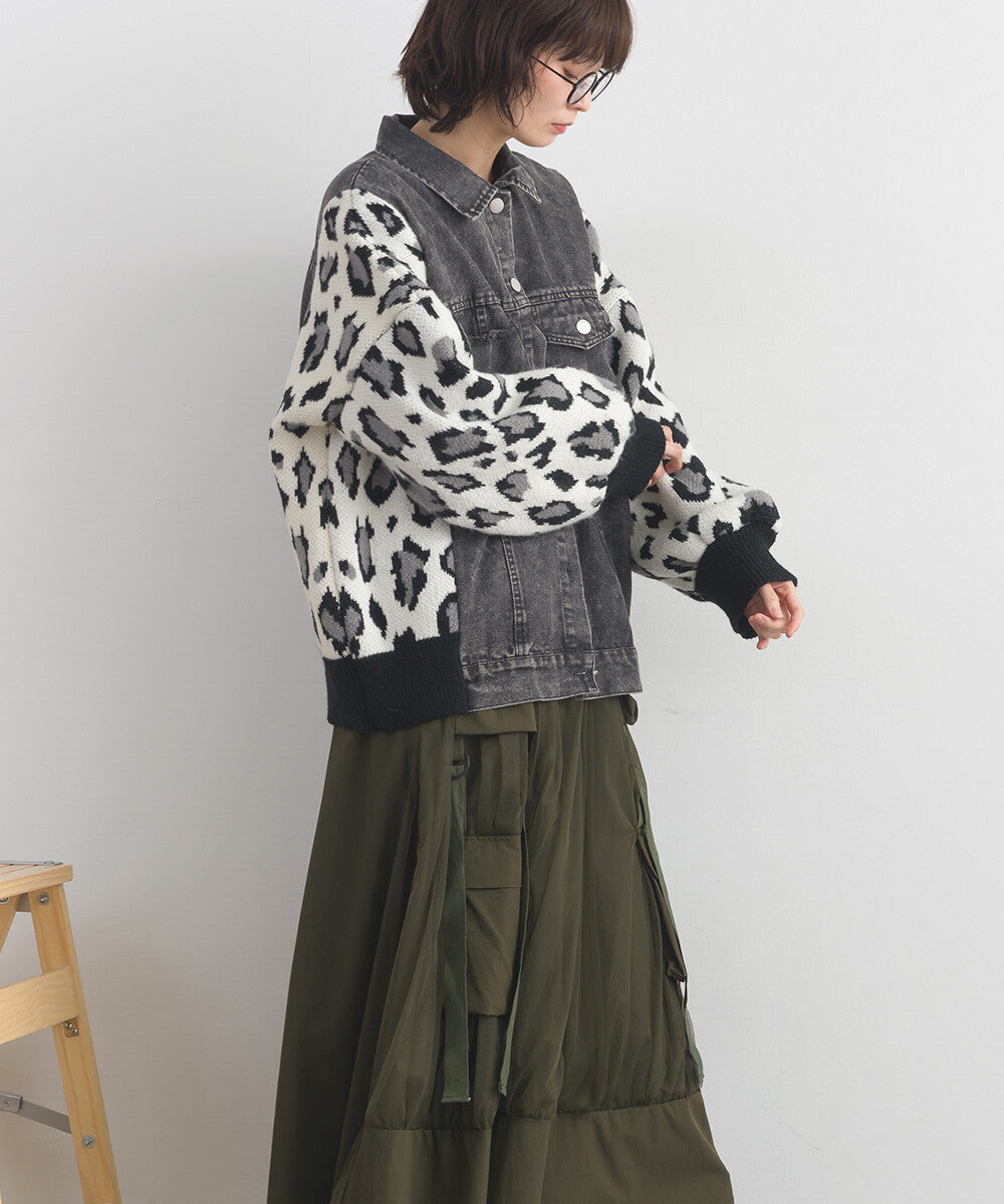 【iriey】豹紋提花針織×牛仔 長版外套 Japan E-Shop