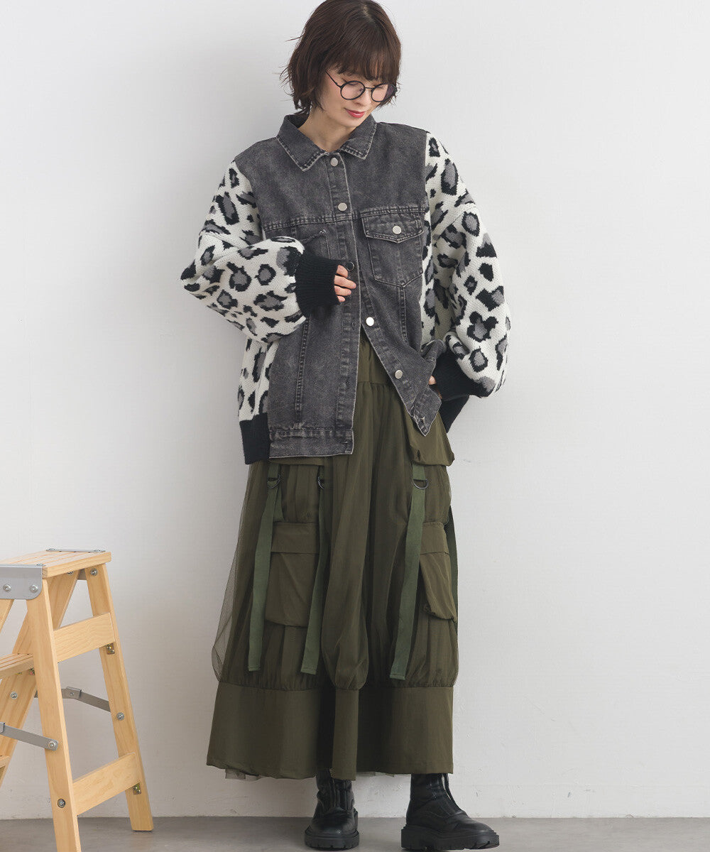 【iriey】豹紋提花針織×牛仔 長版外套 Japan E-Shop