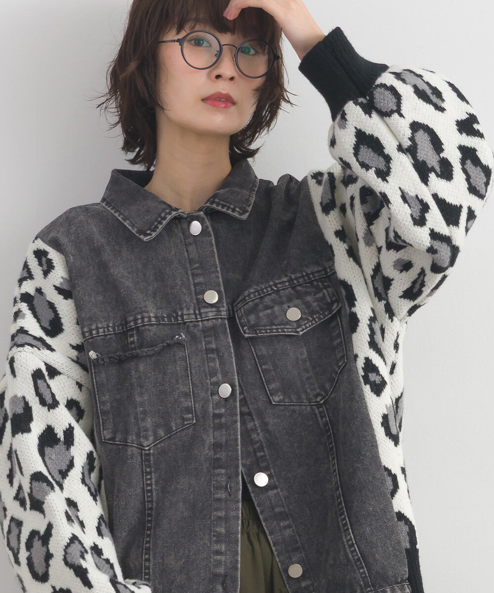 【iriey】豹紋提花針織×牛仔 長版外套 Japan E-Shop