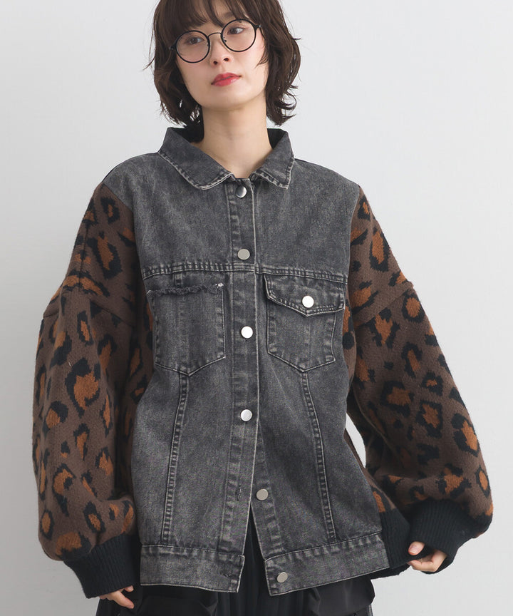 【iriey】豹紋提花針織×牛仔 長版外套 Japan E-Shop