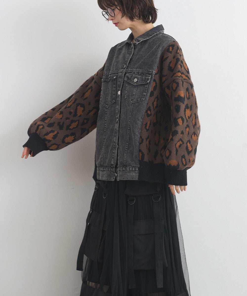 【iriey】豹紋提花針織×牛仔 長版外套 Japan E-Shop