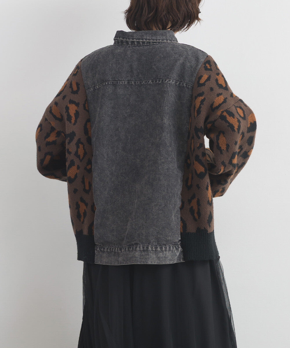 【iriey】豹紋提花針織×牛仔 長版外套 Japan E-Shop