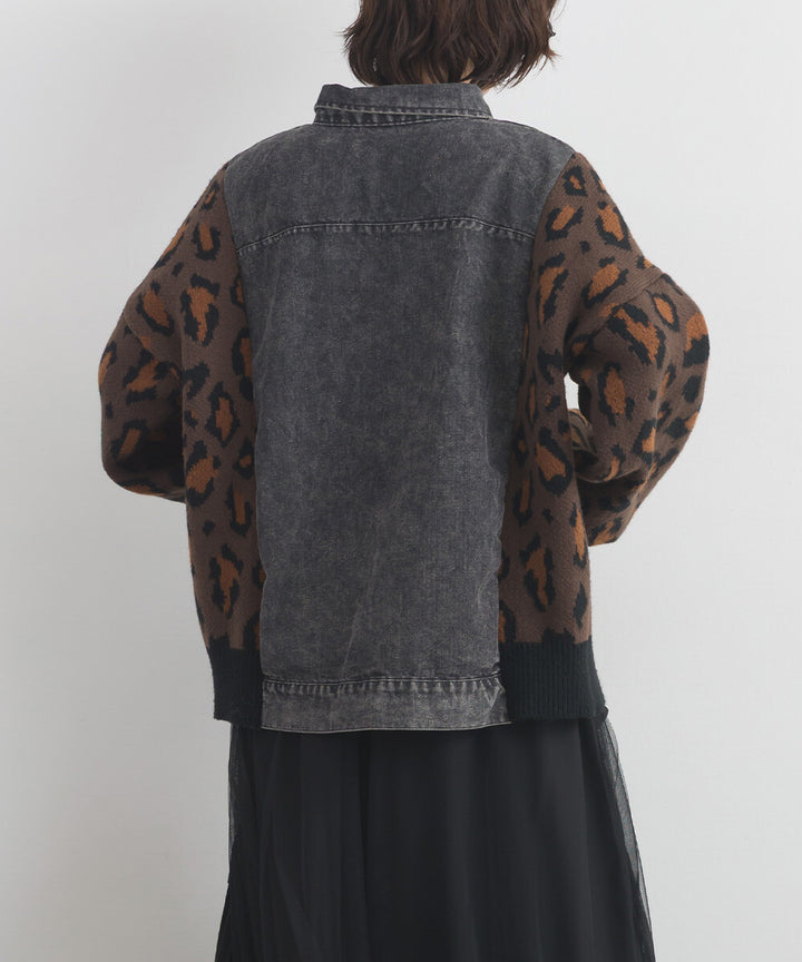 【iriey】豹紋提花針織×牛仔 長版外套 Japan E-Shop