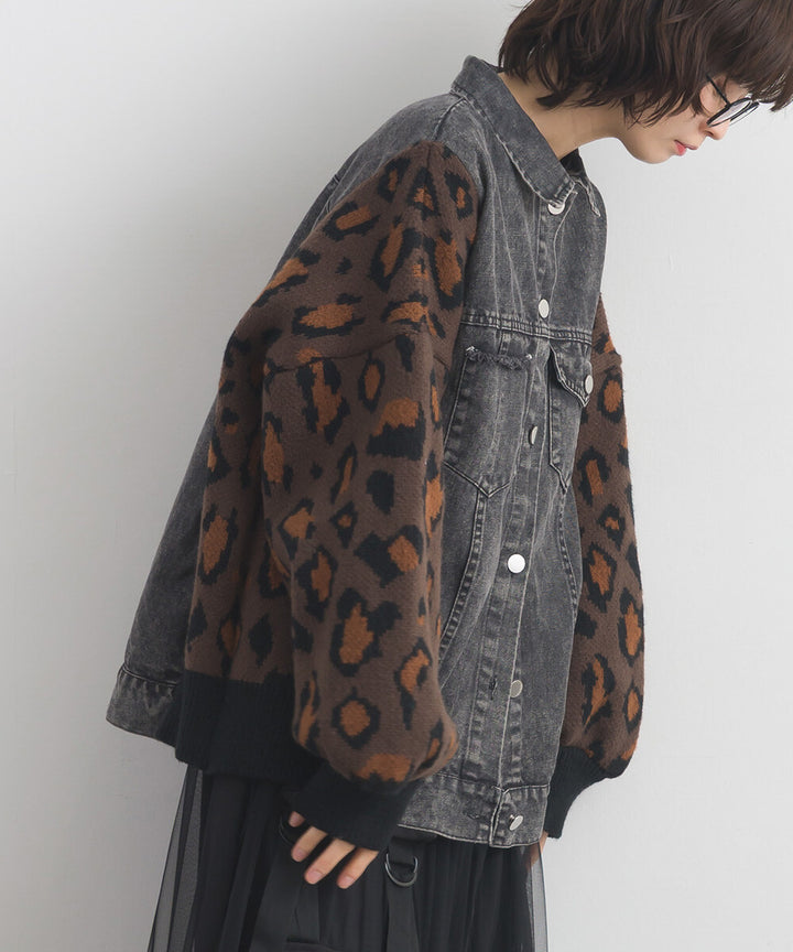 【iriey】豹紋提花針織×牛仔 長版外套 Japan E-Shop