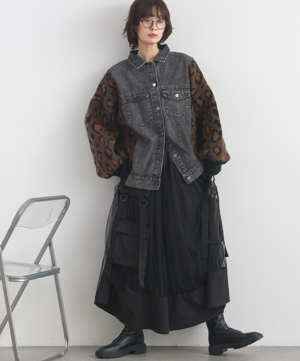 【iriey】豹紋提花針織×牛仔 長版外套 Japan E-Shop