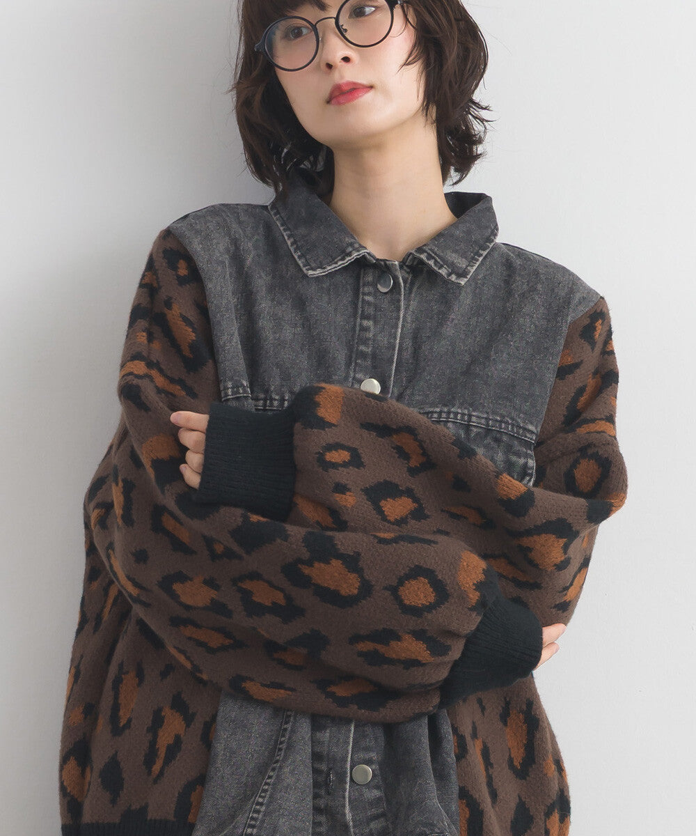 【iriey】豹紋提花針織×牛仔 長版外套 Japan E-Shop