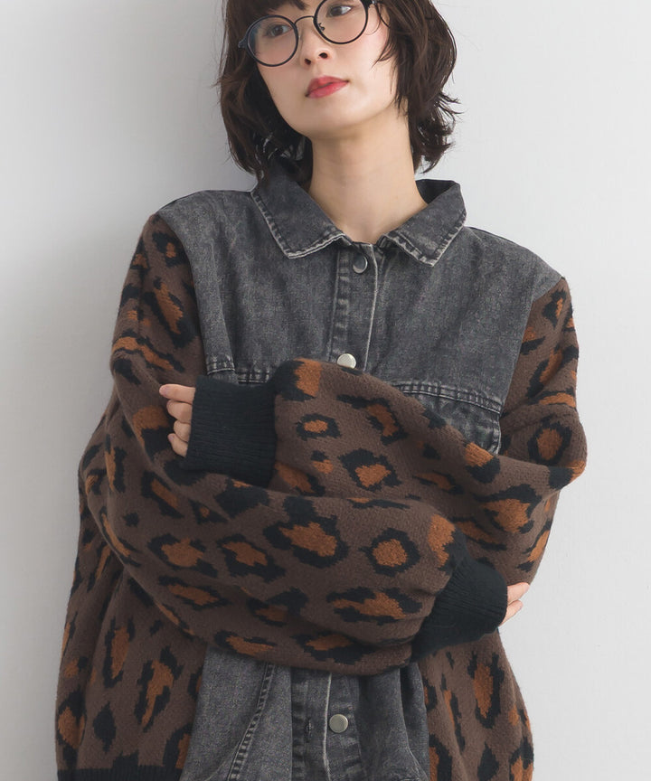 【iriey】豹紋提花針織×牛仔 長版外套 Japan E-Shop