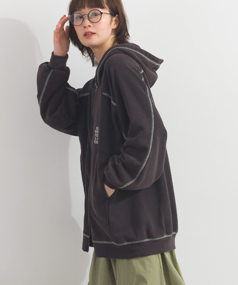 【iriey】撞色縫線刺繡 厚刷毛 拉鍊連帽外套 Japan E-Shop