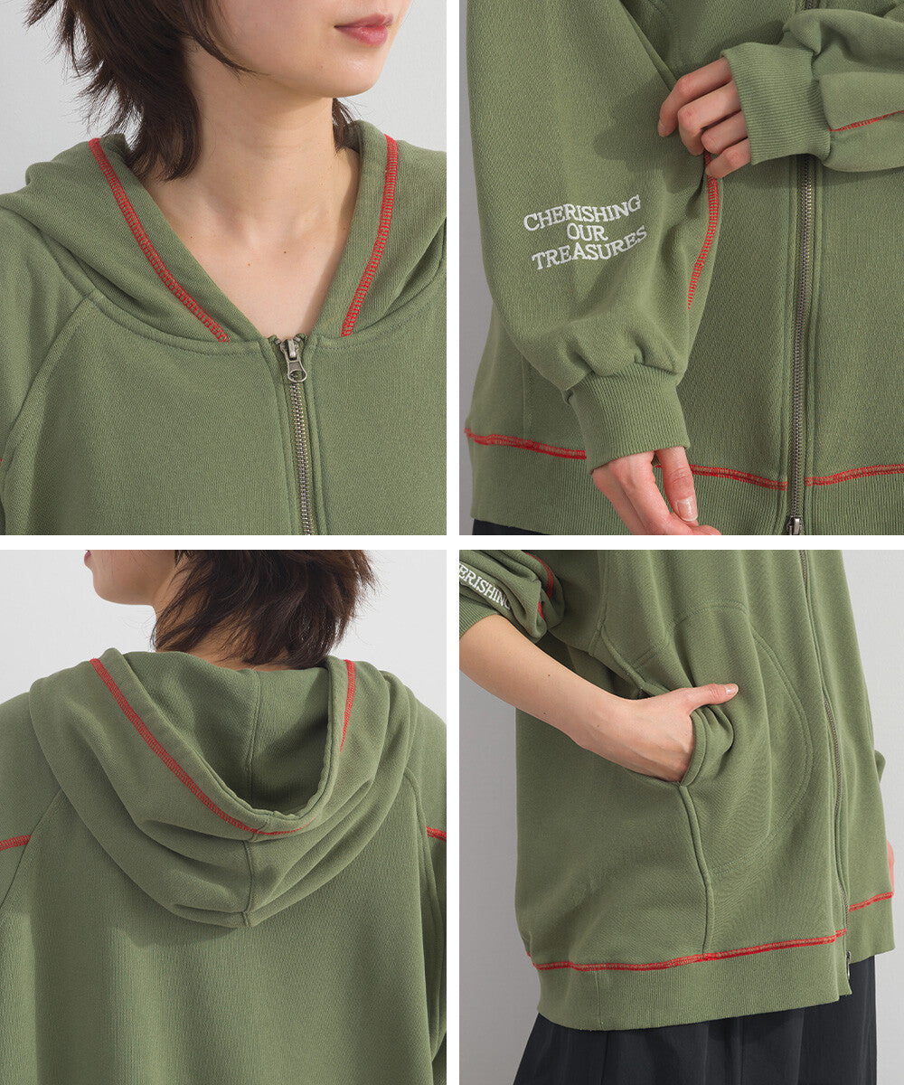 【iriey】撞色縫線刺繡 厚刷毛 拉鍊連帽外套 Japan E-Shop