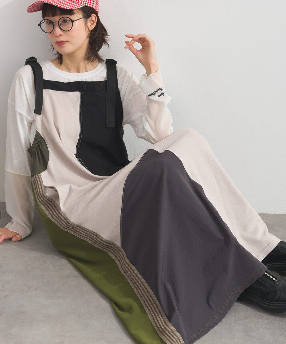 【iriey】色塊分區拼接 絲光斜紋 長版吊帶裙 Japan E-Shop