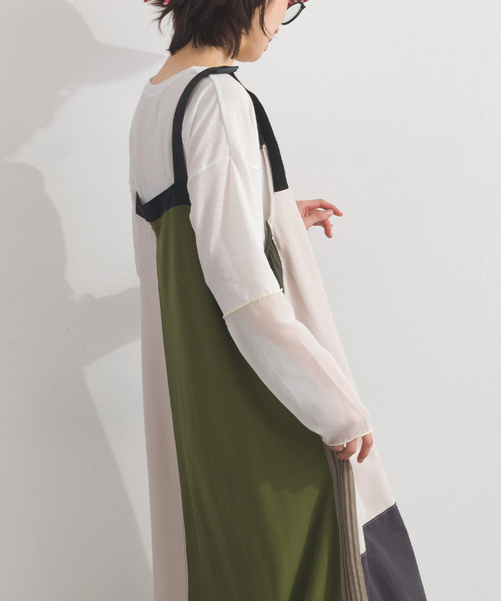 【iriey】色塊分區拼接 絲光斜紋 長版吊帶裙 Japan E-Shop