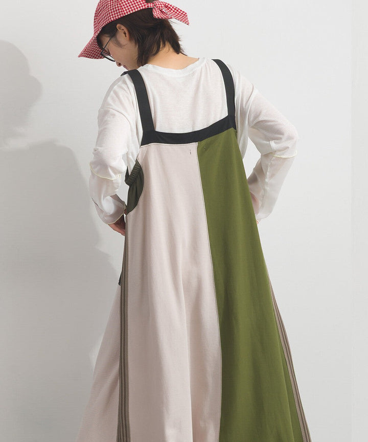 【iriey】色塊分區拼接 絲光斜紋 長版吊帶裙 Japan E-Shop