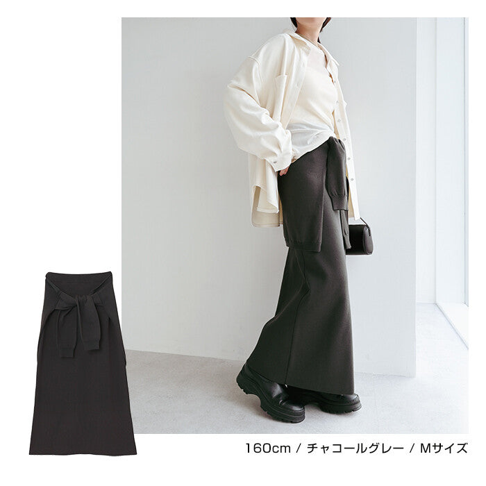 【Alma Design】仿疊穿設計針織長裙 腰間圍巾造型顯瘦 顏色
