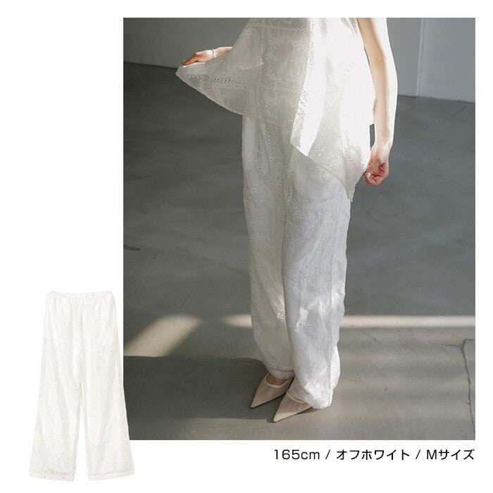 【Alma Design】拼接風刺繡透膚寬褲 鬆緊腰渡假風長褲 顏色