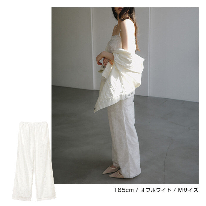 【Alma Design】拼接風刺繡透膚寬褲 鬆緊腰渡假風長褲 顏色