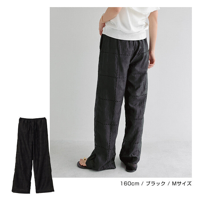 【Alma Design】拼接風刺繡透膚寬褲 鬆緊腰渡假風長褲 顏色