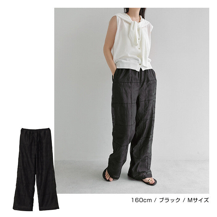 【Alma Design】拼接風刺繡透膚寬褲 鬆緊腰渡假風長褲 顏色