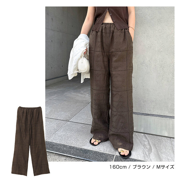 【Alma Design】拼接風刺繡透膚寬褲 鬆緊腰渡假風長褲 顏色