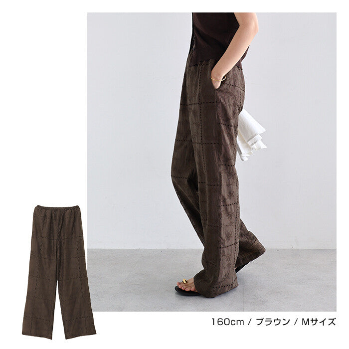 【Alma Design】拼接風刺繡透膚寬褲 鬆緊腰渡假風長褲 顏色
